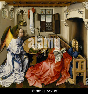 Le triptyque avec l'Annonciation de Robert Campin (retable de Merode) est une peinture flamande célèbre, connue pour sa représentation détaillée de l'Annonciation. Cette œuvre met en valeur l’utilisation d’éléments symboliques et de perspectives réalistes dans le flamand du XVe siècle Banque D'Images