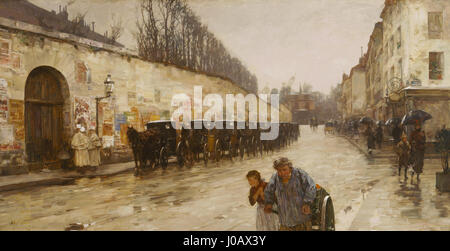 Une averse—rue Bonaparte de Childe Hassam (1887) capture une scène de rue pluvieuse à Paris. Le travail impressionniste est connu pour ses coups de pinceau rapides et lâches et sa représentation vibrante de la lumière et du mouvement dans la ville. Banque D'Images
