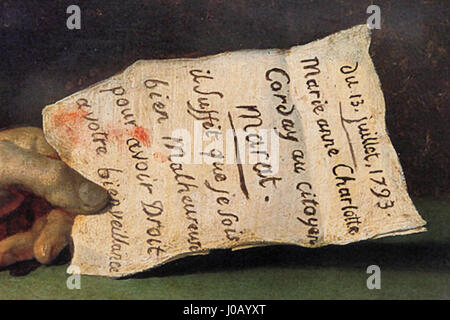 La mort de Marat de Jacques-Louis David, exposée au gazomètre d'Oberhausen, représente le moment dramatique de l'assassinat du chef révolutionnaire français Jean-Paul Marat. La peinture souligne le contraste saisissant de la lumière et de l'ombre dans cette scène emblématique. Banque D'Images