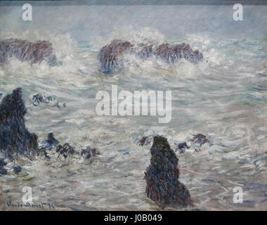 'Tempête, Côtes de belle-Île' (tempête, côte de belle-Île) est un paysage marin spectaculaire de Claude, capturant la puissance féroce d'une tempête frappant la côte accidentée de belle-Île, une île au large de la côte bretonne, en France. L'œuvre d'art dépeint de manière éclatante des mers turbulentes et une atmosphère sauvage. Banque D'Images