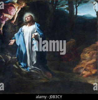 'Oración en el huerto' (L'agonie dans le jardin) de Correggio représente le moment de la prière du Christ dans le jardin de Gethsémani avant sa crucifixion. L’œuvre met l’accent sur la profondeur émotionnelle de la scène, mettant en valeur la maîtrise de Correggio dans la lumière et l’ombre. Banque D'Images