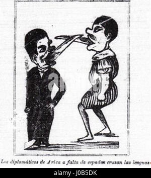 La caricature « Guerra del Pacífico » (1879-1884) reflète les tensions politiques et militaires de la guerre entre le Chili, le Pérou et la Bolivie. La caricature utilise des chiffres exagérés et de la satire pour commenter le conflit, soulignant son impact sur les Nations impliquées et leurs dirigeants. Banque D'Images