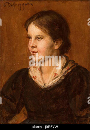 Ce portrait de Franz Defregger représente une jeune femme portant un dirndl et un châle d'épaule fleuri, incarnant la tenue traditionnelle des femmes alpines rurales au XIXe siècle. Banque D'Images