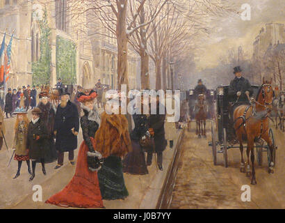 Après l'Office de Jean Béraud… l'Eglise de la Ste-Trinité' (après le service à l'église de la Sainte Trinité) capture un moment après un service religieux à Paris, avec des personnages sortant de l'église. Le tableau reflète la vie sociale et religieuse à Paris au tournant du XXe siècle. Banque D'Images