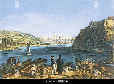 'Pohled od Vyšehradu k Pražskému hradu' de Vincenc Morstadt est une peinture de paysage du XIXe siècle, mettant en valeur une vue panoramique de Vyšehrad vers le château de Prague. Il met en valeur la beauté naturelle de la région. Banque D'Images