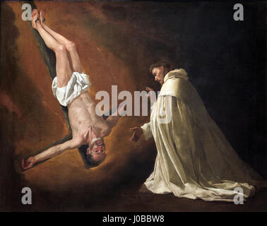 Cette image représente l'apparition de l'apôtre Saint Pierre à Saint Pierre Nolasco, dans le cadre d'un récit religieux. Saint Pierre Nolasco a fondé l'ordre de la Miséricorde au XIIIe siècle et a été une figure importante de l'histoire chrétienne, particulièrement connu pour son travail dans la libération des prisonniers chrétiens de la domination musulmane en Espagne. Banque D'Images