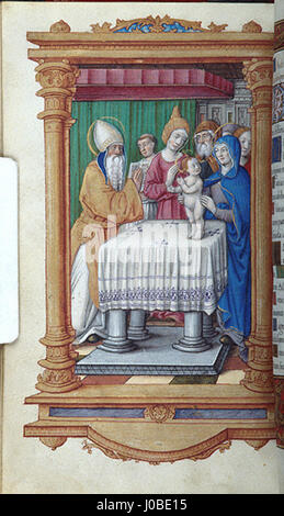 Cette page manuscrite tirée d'un Livre d'heures, daté du XIVe siècle, représente la présentation de Jésus au Temple, moment clé de l'iconographie chrétienne. Il fait partie d'un livre de prières utilisé pour la dévotion privée. Banque D'Images