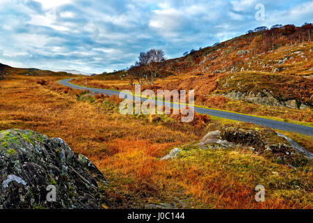 Une vue d'hiver d'une route sinueuse à travers les landes et les collines de la péninsule d'Ardnamurchan, Highlands, Scotland, UK Banque D'Images