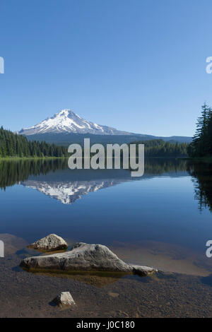 Mount Hood, une partie de la chaîne des Cascades, parfaitement reflétée dans les eaux calmes du lac Trillium, Oregon, USA Banque D'Images