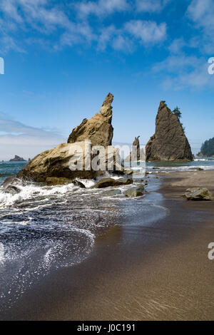 Piles de mer spectaculaire sur le Rialto Beach dans le Parc National Olympique, l'UNESCO, la côte nord-ouest du Pacifique, Washington State, USA Banque D'Images