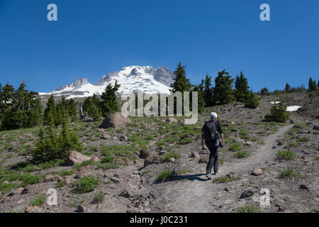 Dame sur un sentier de marche des randonneurs sur le Mont Hood, une partie de la chaîne des Cascades, dans la région du Nord-Ouest du Pacifique, de l'Oregon, USA Banque D'Images