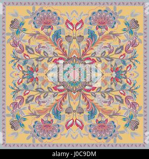 Jolie nappe fleurs ethnique indienne. Vecteur de belles ornement. Card, bandana foulard imprimé, conception, serviette. Brun pastel bleu rose ornate patter Illustration de Vecteur