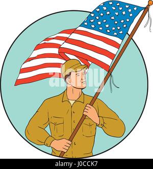 Croquis dessin illustration de style militaire, un soldat américain forme holding usa flag à la recherche sur le côté situé à l'intérieur du cercle sur isolated backgrou Illustration de Vecteur