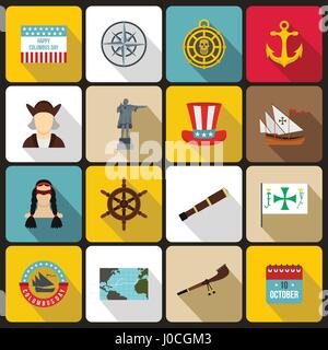 Columbus Day icons set, style plat Illustration de Vecteur