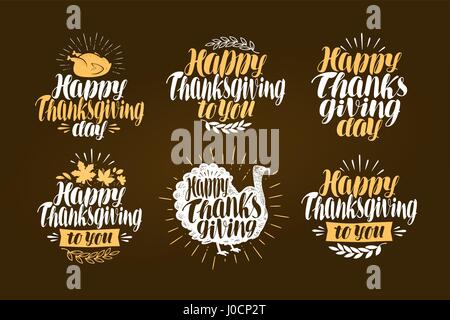 Joyeux Thanksgiving, jeu d'étiquettes. Maison de vacances symbole ou logo. Vector illustration lettrage Illustration de Vecteur