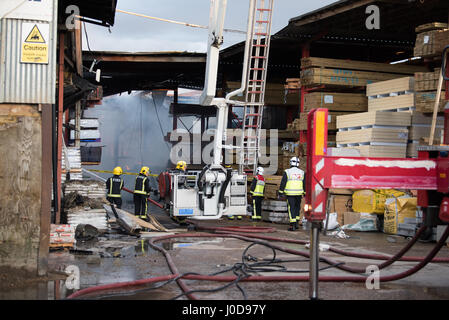 Londres, Royaume-Uni. 12 avril 2017. Douze pompiers et autour de 80 pompiers et policiers ont été appelés à un grand incendie à un marchand de constructeurs Brant Park Road, Brent Cross cet après-midi. Deux appareils aériens étaient également sur les lieux pour aider à lutter contre l'incendie à partir de ci-dessus. Un atelier de travail du bois mesurant environ 100 mètres par 20 mètres, fut gravement endommagée par l'incendie. ©Peter Manning/Alamy Live News Banque D'Images