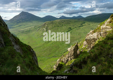 Errigal et l'Aghla hills sur la Glen empoisonnés, de Crockfadda, comté de Donegal, Irlande, Banque D'Images