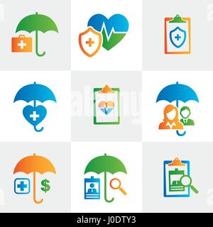 L'assurance-soins médicaux des icônes avec les chiffres et le Cœur des gens, EKG, & Symboles assurés Illustration de Vecteur