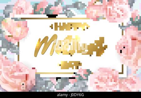 Heureuse Fête des Mères. Roses roses avec lettrage doré. Fleur Rose bannière horizontale. Vector illustration Illustration de Vecteur