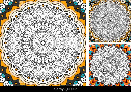 Version imprimable page de coloriage antistress pour les adultes - mandala design, activité pour les enfants plus âgés et les adultes se détendre. vector set l'Islam, l'arabe, motifs indiens. Couleurs d'Orient . Illustration de Vecteur