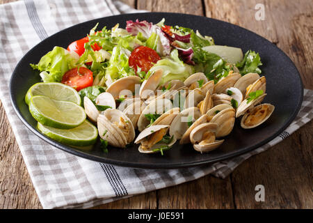 Les palourdes avec des greens et salade fraîche close-up sur une plaque sur une table horizontale. Banque D'Images