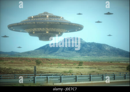 3D illustration avec la photographie. Alien invasion de vaisseaux spatiaux. Banque D'Images