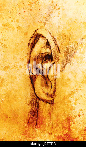 Croquis de pièces artistiques face, détail de l'oreille, sur fond coloré résumé structuré. Banque D'Images