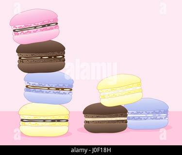 Une illustration de macarons colorés pour le thé l'après-midi en été sur un fond rose Banque D'Images