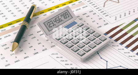 Calculatrice sur l'analyse des données des documents. 3d illustration Banque D'Images