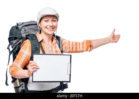 Jeune femme de l'auto-stop touristiques voyages avec un blanc dans les mains Banque D'Images