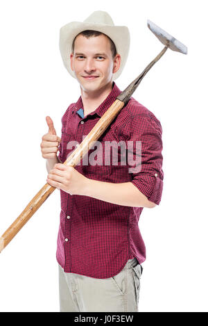 Homme jeune agriculteur sur un fond blanc avec un chapeau montrant un Thumbs up Banque D'Images