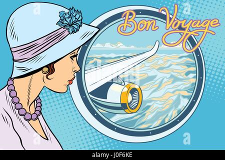 Retro Vintage femme de l'avion. Pop art illustration vectorielle. Un voyage dans un paquebot de ligne. Bon voyage l'inscription Illustration de Vecteur