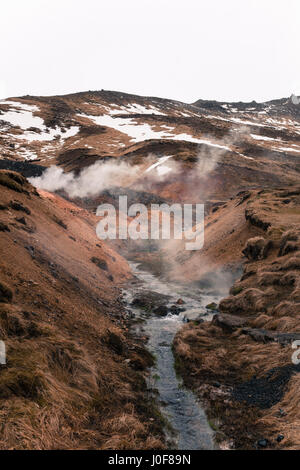 La vapeur s'élève à une source d'eau chaude géothermique de Reykjadalur, dans un sentier de randonnée populaires près de Reykjavik, Islande Banque D'Images