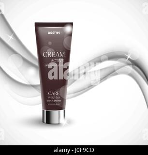 Hydratant peau cosmetic ads modèle avec brown enveloppe réaliste sur les lignes ondulées soft gris fond transparent. Vector illustration Illustration de Vecteur