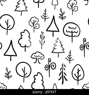 Beaucoup d'arbres à la main sur fond blanc, motif transparent rétro Illustration de Vecteur