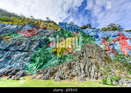 Murale de la Préhistoire, une fresque géante peinte sur une falaise dans la région de Vinales Cuba. C'est 120m de long et a pris 18 personnes 4 ans. Banque D'Images