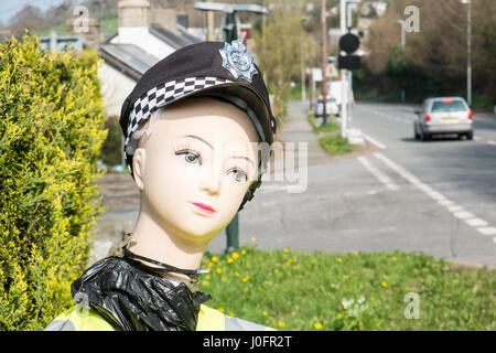 Faux, femme,femme,agent de police,poupée mannequin,,de,village,de,tre Taliesin,d,encourager les automobilistes,les pilotes,,lent,down,onA487,route,Ceredigion, pays de Galles, Banque D'Images