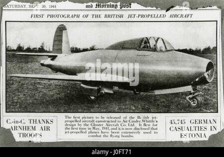 Avions à réaction expérimental Gloster E28, coupure de journal, 30 sept 1944 Banque D'Images