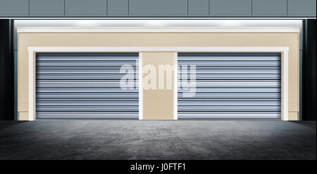 Modern garage fermé avec porte métallique sur la rue de ville de nuit Banque D'Images