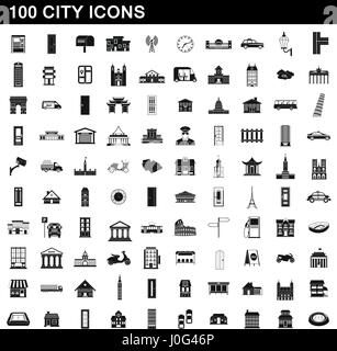 100 city icons set, le style simple Illustration de Vecteur