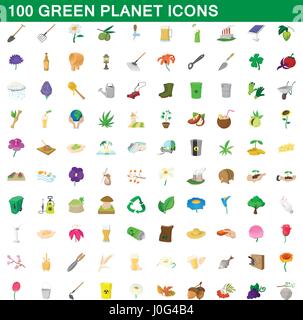 100 green planet icons set, cartoon style Illustration de Vecteur