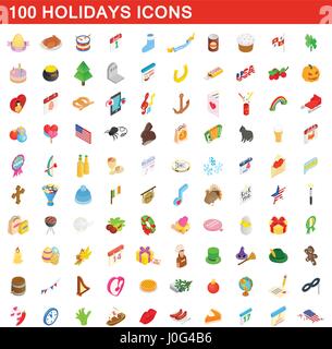 100 jours fériés icons set, style 3D isométrique Illustration de Vecteur