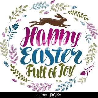 Joyeuses Pâques, carte de vœux. Belles lettres manuscrites avec ornement floral. Vector illustration Illustration de Vecteur