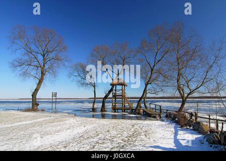 Vue sur la rivière d'hiver dans la neige, Parc National de Biebrzanski, Pologne. Banque D'Images