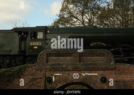 Sussex, UK. 13 avril 2017. Le célèbre train à vapeur Flying Scotsman rend son tout premier voyage à Sussex le long de la ligne Bluebell entre Sheffield Park et East Grinstead. Le train est en visite dans la ligne Bluebell pour le week-end de Pâques. Roland Ravenhill/Alamy Live News Banque D'Images