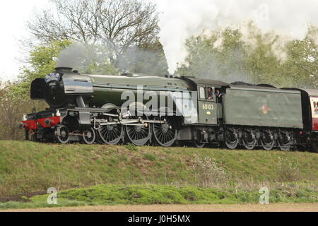 Sussex, UK. 13 avril 2017. Le célèbre train à vapeur Flying Scotsman rend son tout premier voyage à Sussex le long de la ligne Bluebell entre Sheffield Park et East Grinstead. Le train est en visite dans la ligne Bluebell pour le week-end de Pâques. Roland Ravenhill/Alamy Live News Banque D'Images