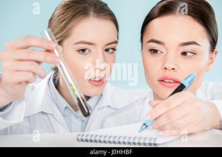 Les femmes scientifiques concentrées holding green plant en tube à essai et la prise de notes Banque D'Images