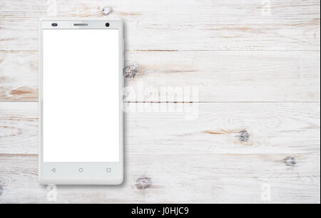 Vue de dessus du smartphone moderne avec écran blanc sur fond de bois Banque D'Images