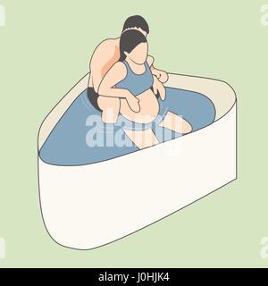 Femme enceinte avec la naissance de l'eau naturelle donnant naissance au mari les exercices de respiration dans la baignoire d'eau Illustration de Vecteur