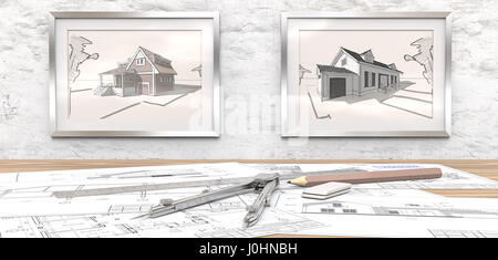 Plans d'architecture générique sur table. 2 photo Frames sur mur de béton blanc avec maison des croquis. Règle, crayon et du diviseur de métal. 3D render. Banque D'Images
